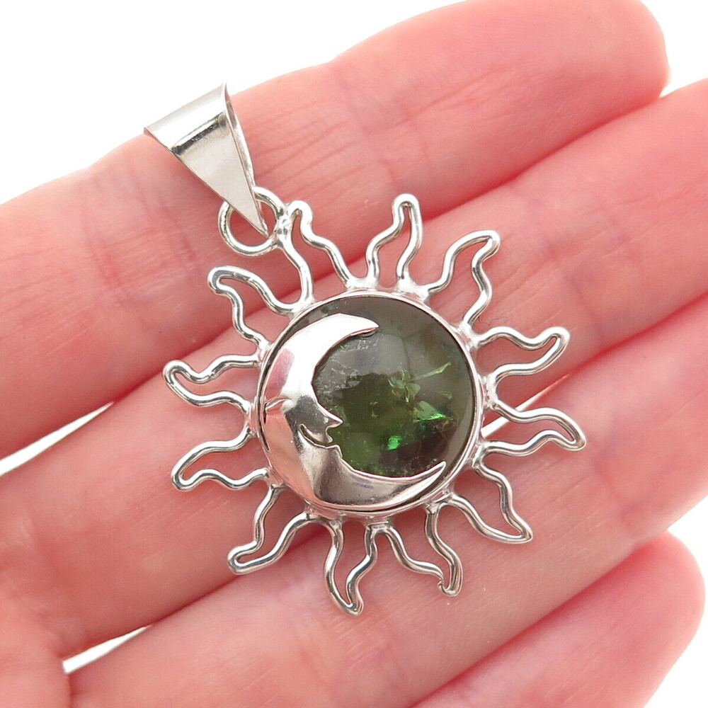 925 Sterling Silver Vintage Mexico Real Green Amber Eclipse Charm Pendant